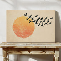 Minimalist Japanese Birds & Sun Print – Vintage Ink Illustration