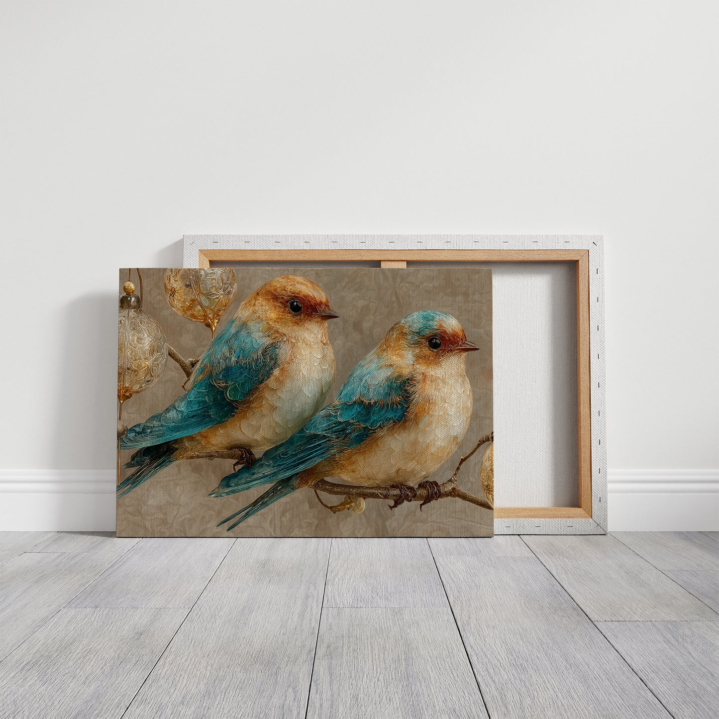 Two Bluebirds and Golden Filigree