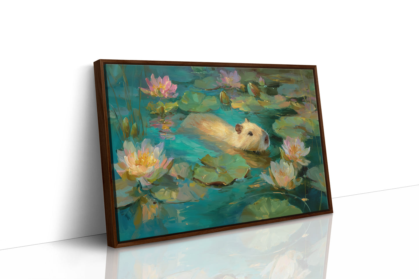 Golden Swimmer Among Water Lilies
