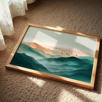 Birds Soar Above Misty Peaks