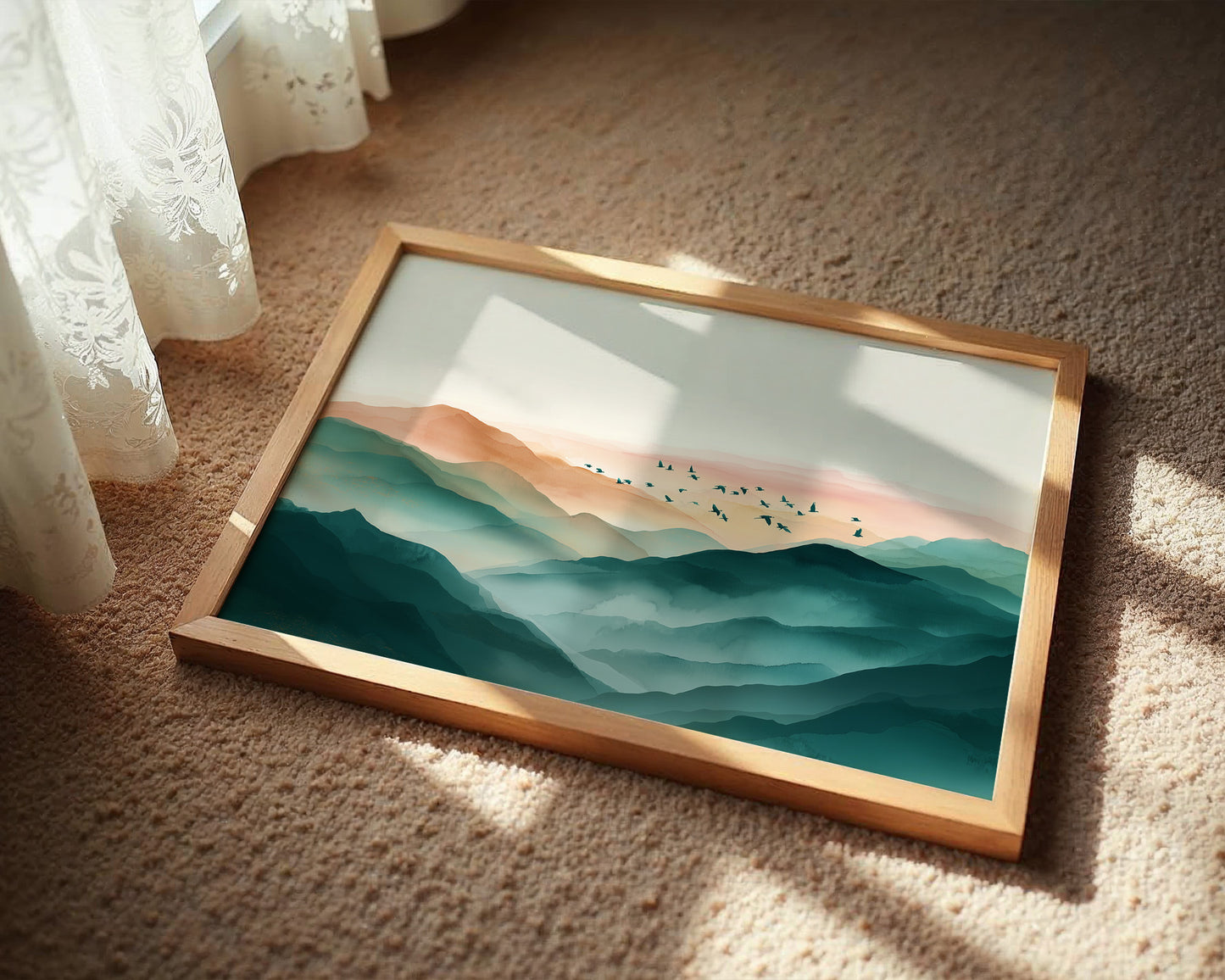 Birds Soar Above Misty Peaks