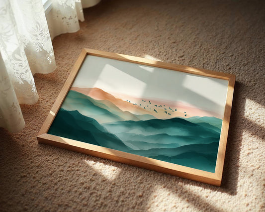 Birds Soar Above Misty Peaks