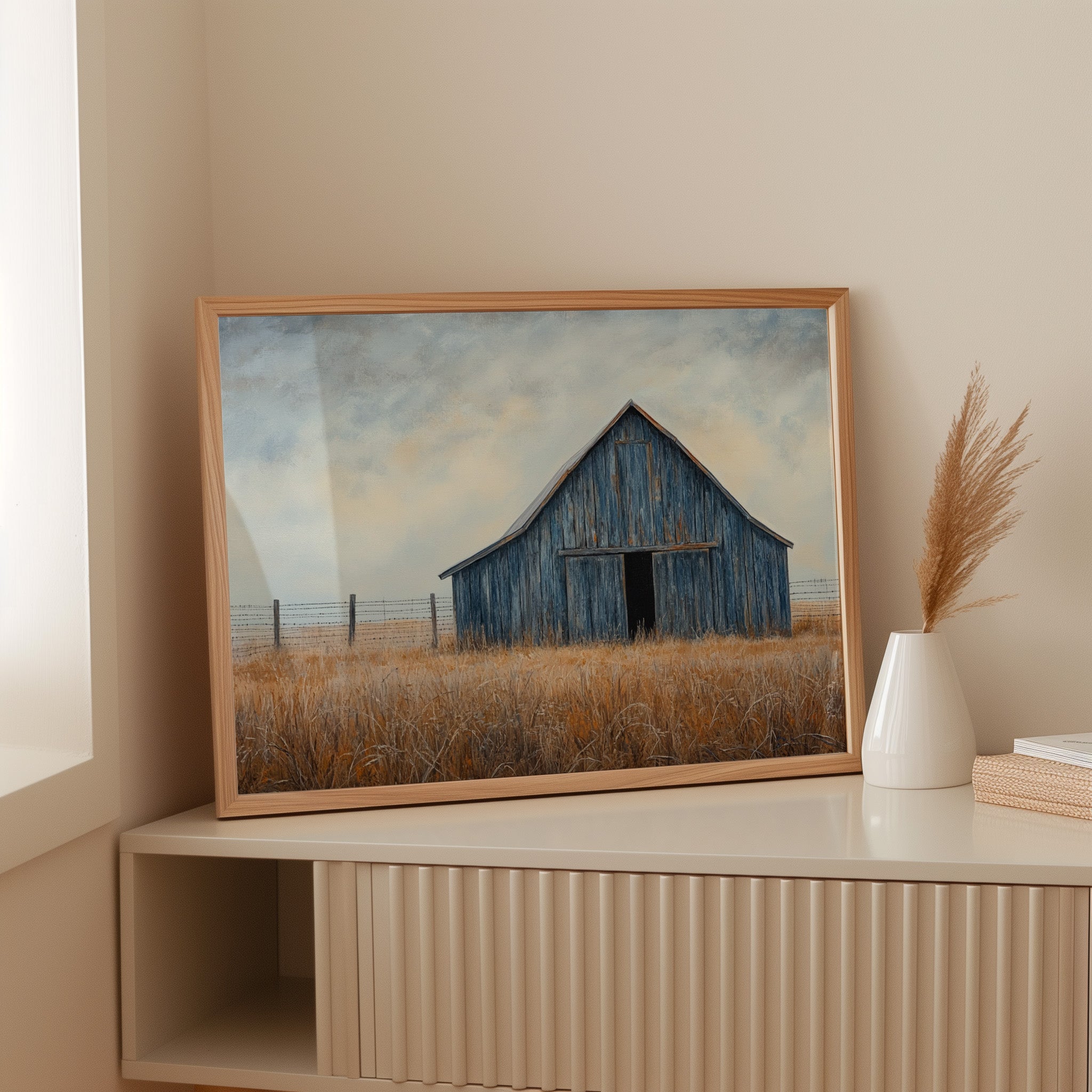 Blue Barn Stands Among Golden Fields