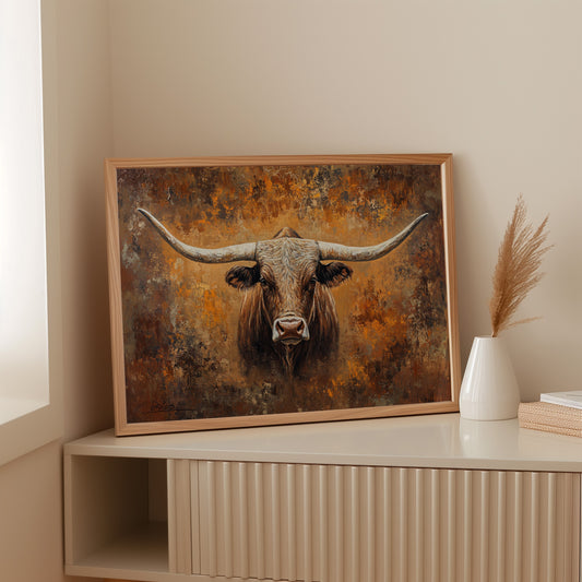 Longhorn's Gaze Through Autumn Fire