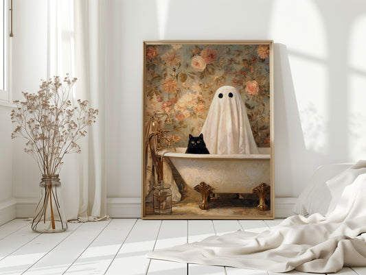 Ghostly Cat In Bathtub Canvas - Whimsical Vintage Art - Gallery Canvas image 12