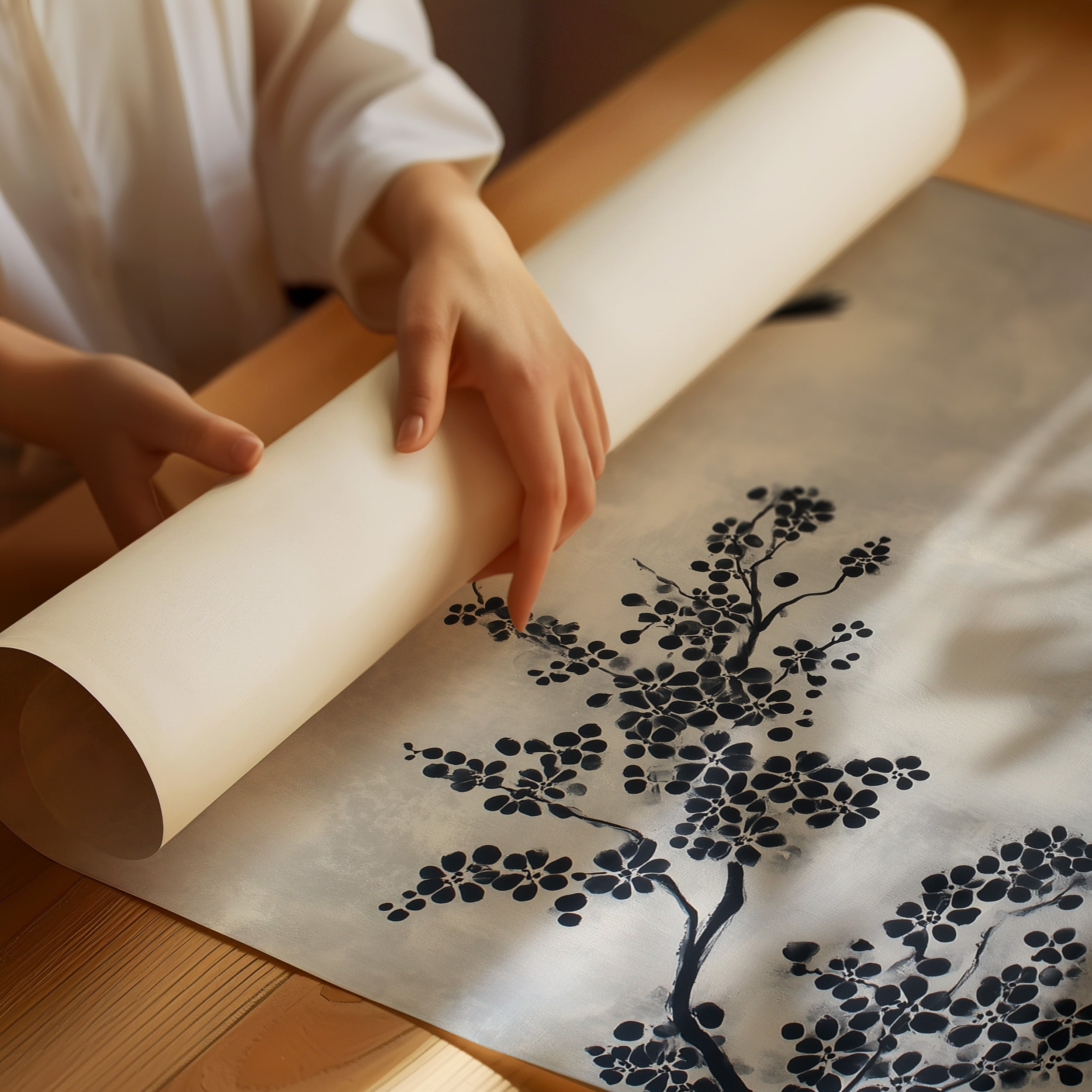 Bird Takes Flight Through Cherry Blooms