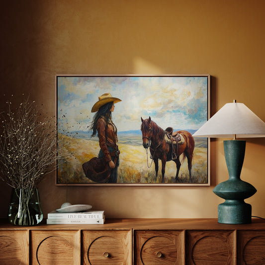 Cowgirl and Her Mustang on the Open Range