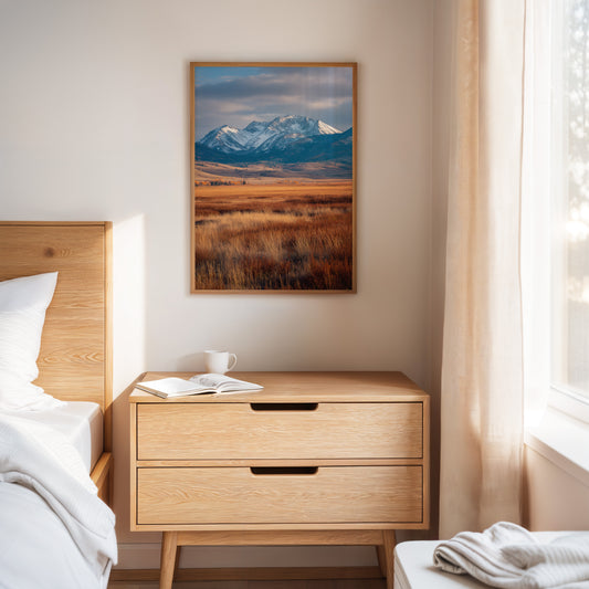 Golden Grasses Beneath Snowy Peaks