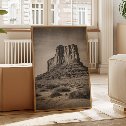 Room interior with a large framed picture of a desert landscape, plants, and furniture.
