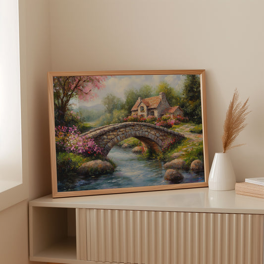 Roses Bloom By Ancient Stone Bridge