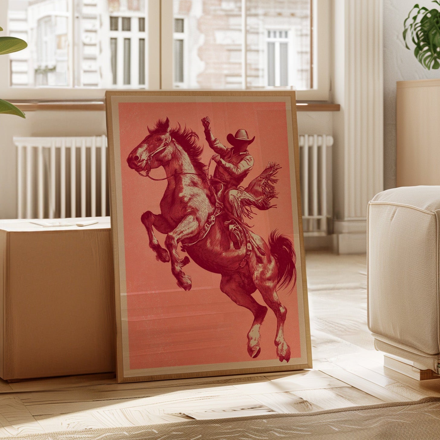 Framed artwork of a horse and rider on a pink background in a living room.