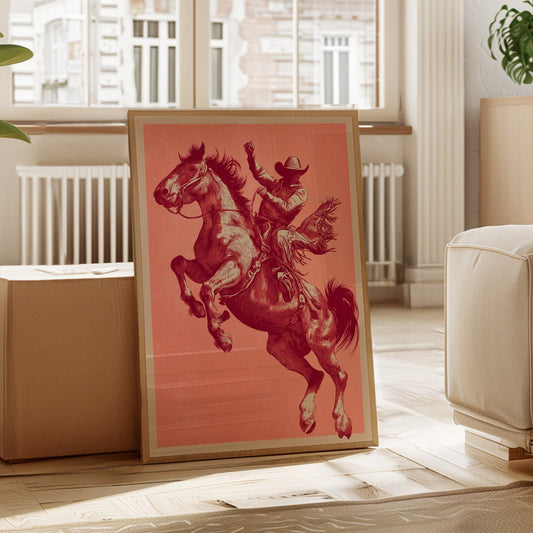 Framed artwork of a horse and rider on a pink background in a living room.