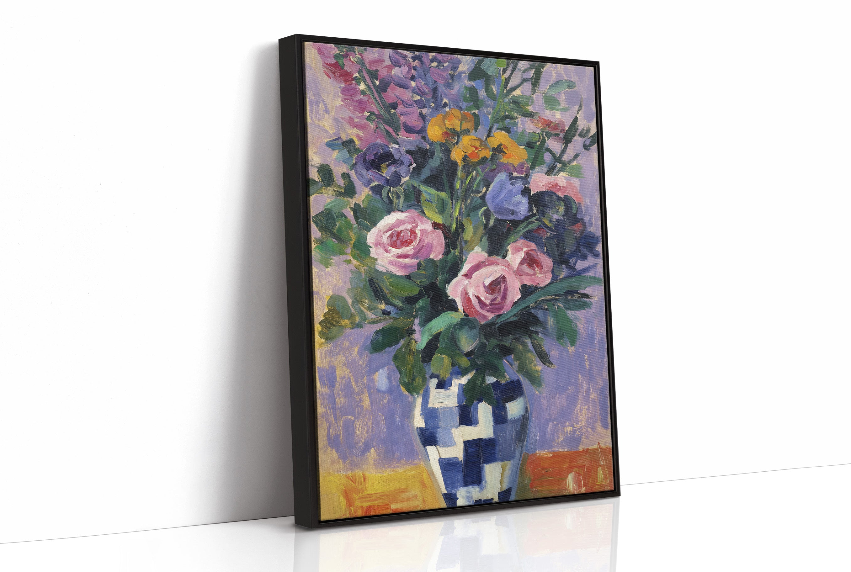 Vibrant Blooms in Checkered Blue