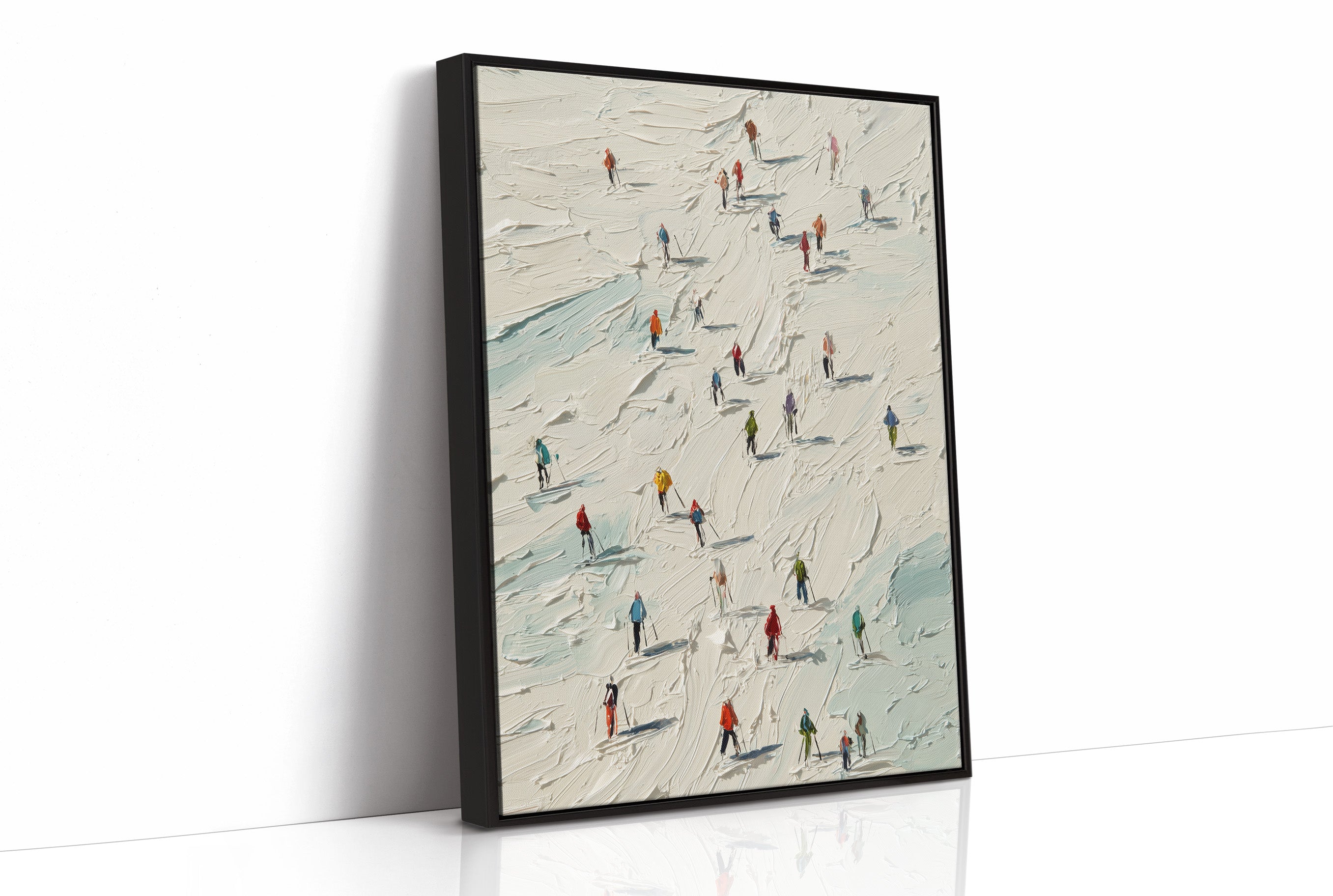 Colorful Specks Traverse Snowy Terrain