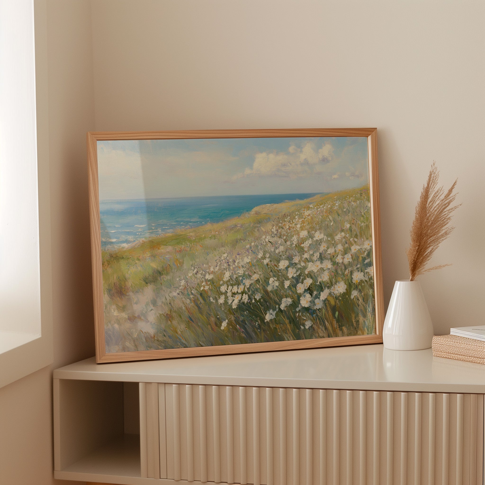 Coastal Daisies Dance Above Azure Waves