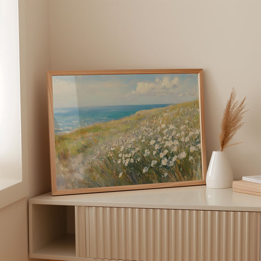 Coastal Daisies Dance Above Azure Waves