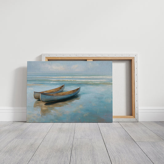 Canoes Rest On Azure Shores