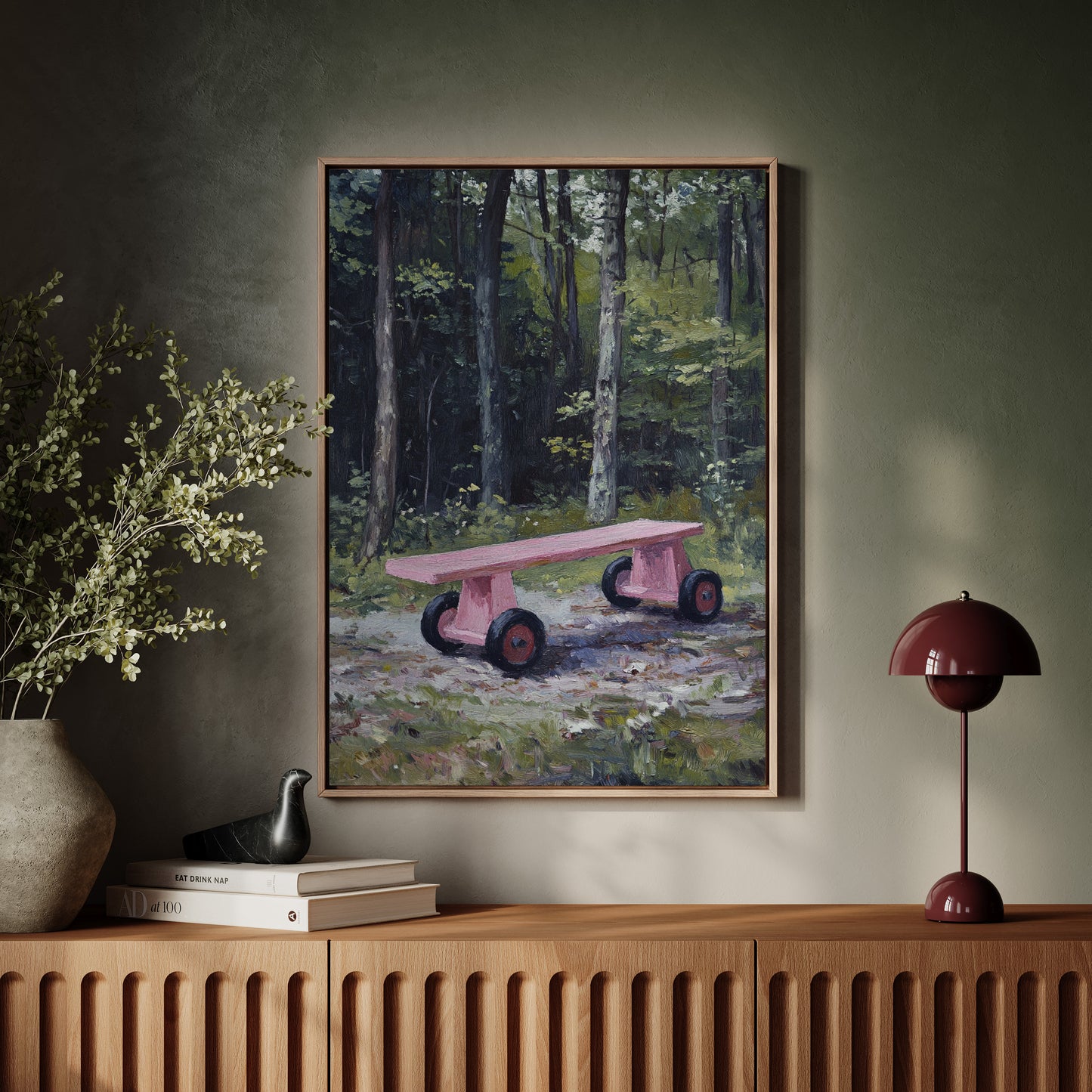 Pink Bench Rests In Forest Shade