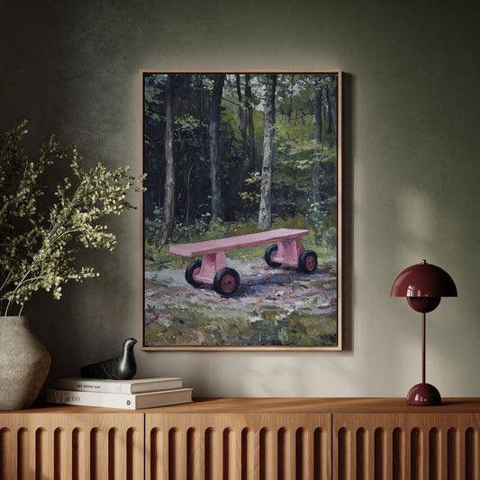 Pink Bench Rests In Forest Shade
