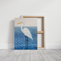 White Egret in Snowfall – Elegant Minimalist Bird Wall Art
