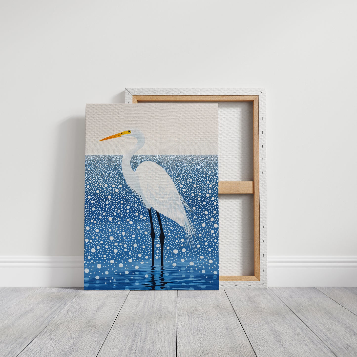 White Egret in Snowfall – Elegant Minimalist Bird Wall Art