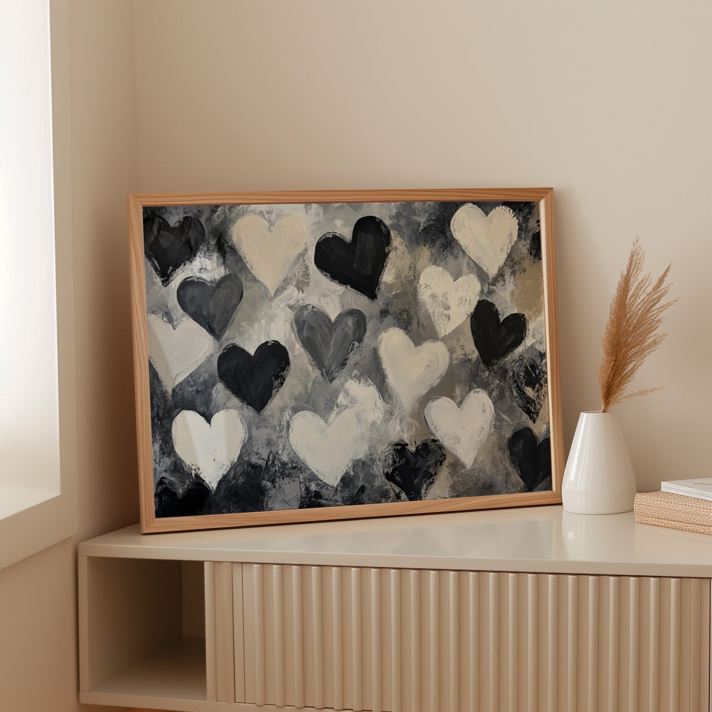 Hearts Dance Through Monochrome Mist