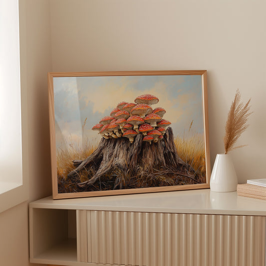 Red Mushrooms Crown Ancient Stump