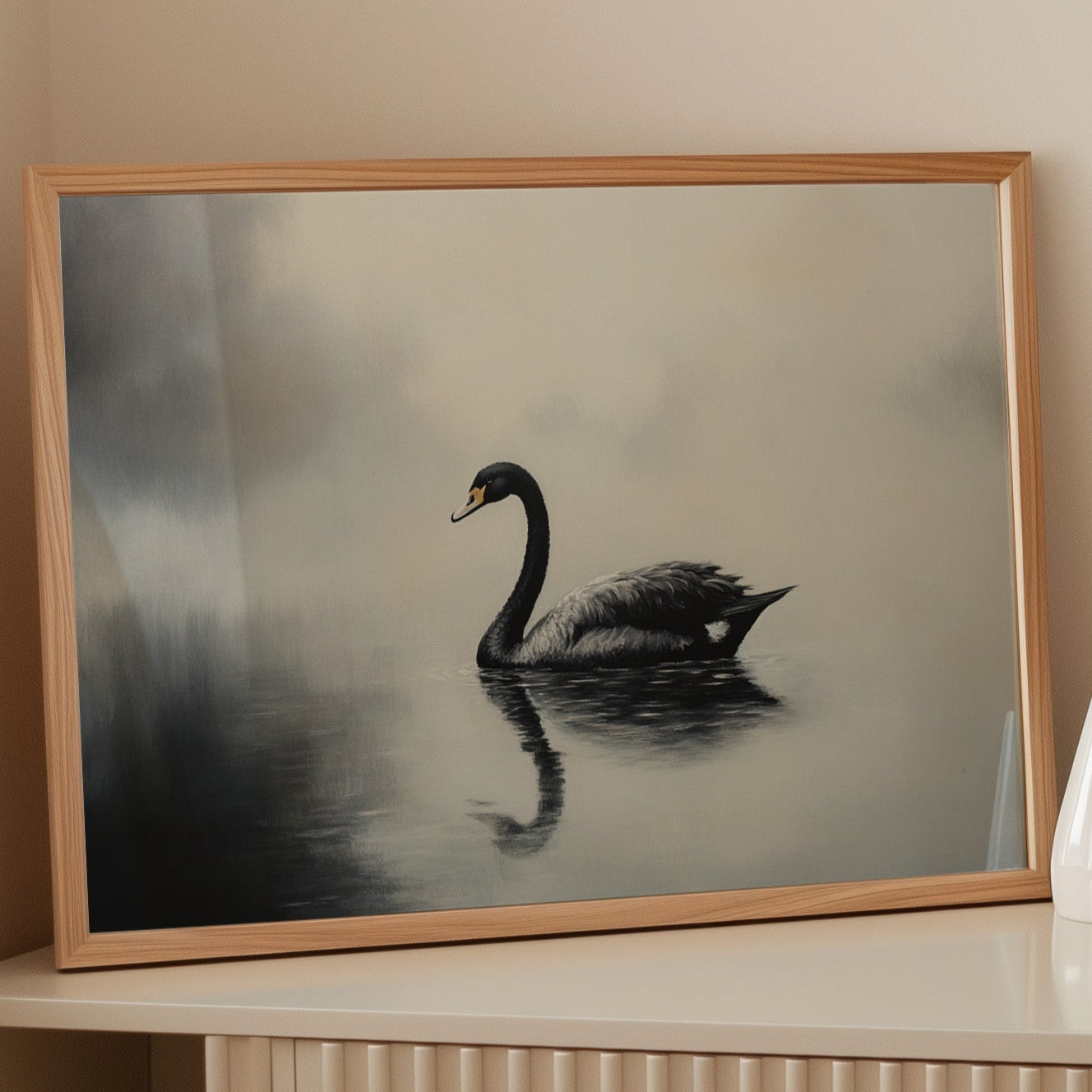 Black Swan Glides Through Morning Fog