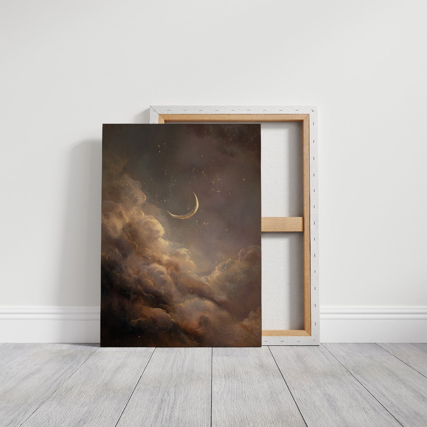 Crescent Floats Through Amber Clouds