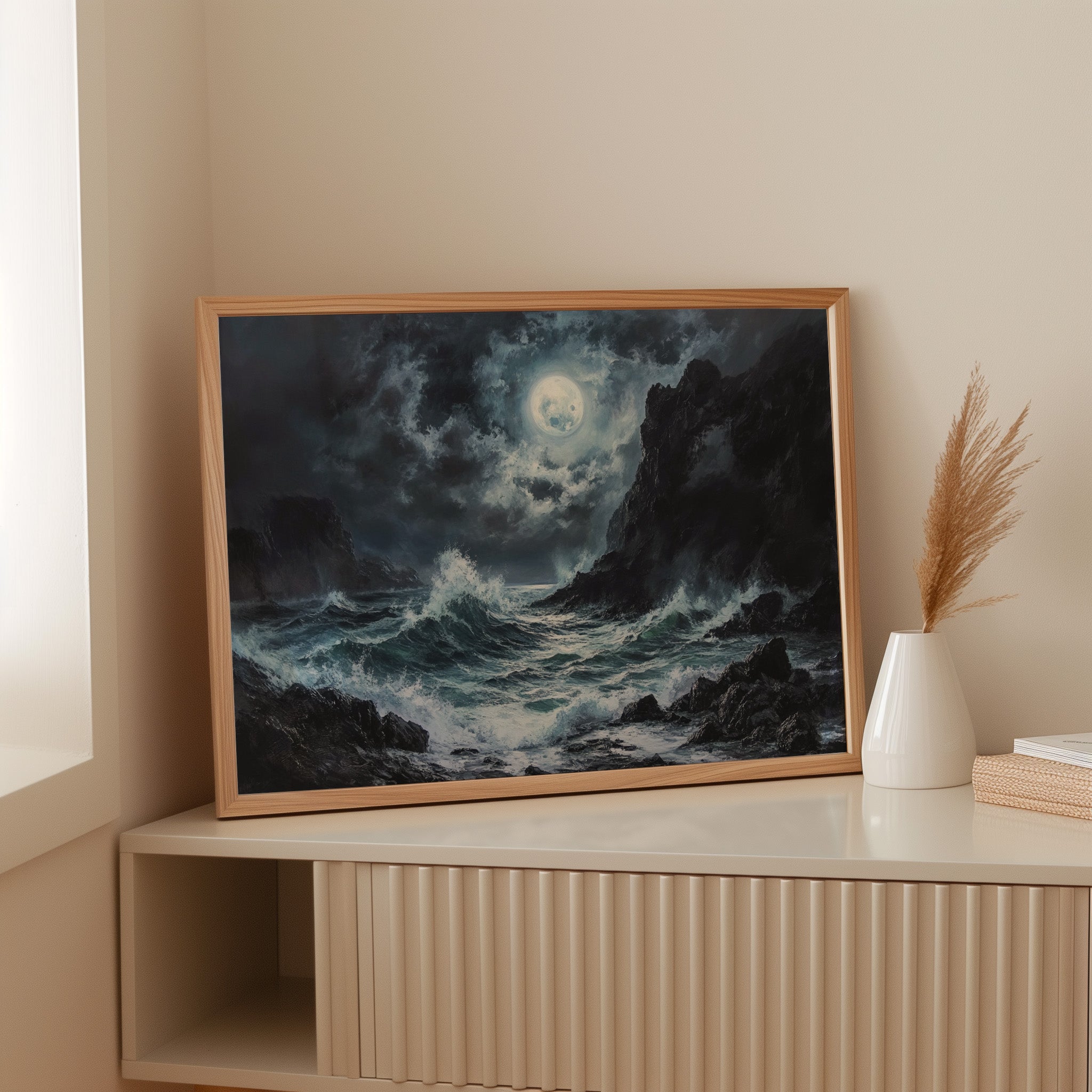 Moonlit Waves Break Against Cliffs