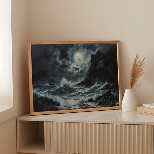 Moonlit Waves Break Against Cliffs