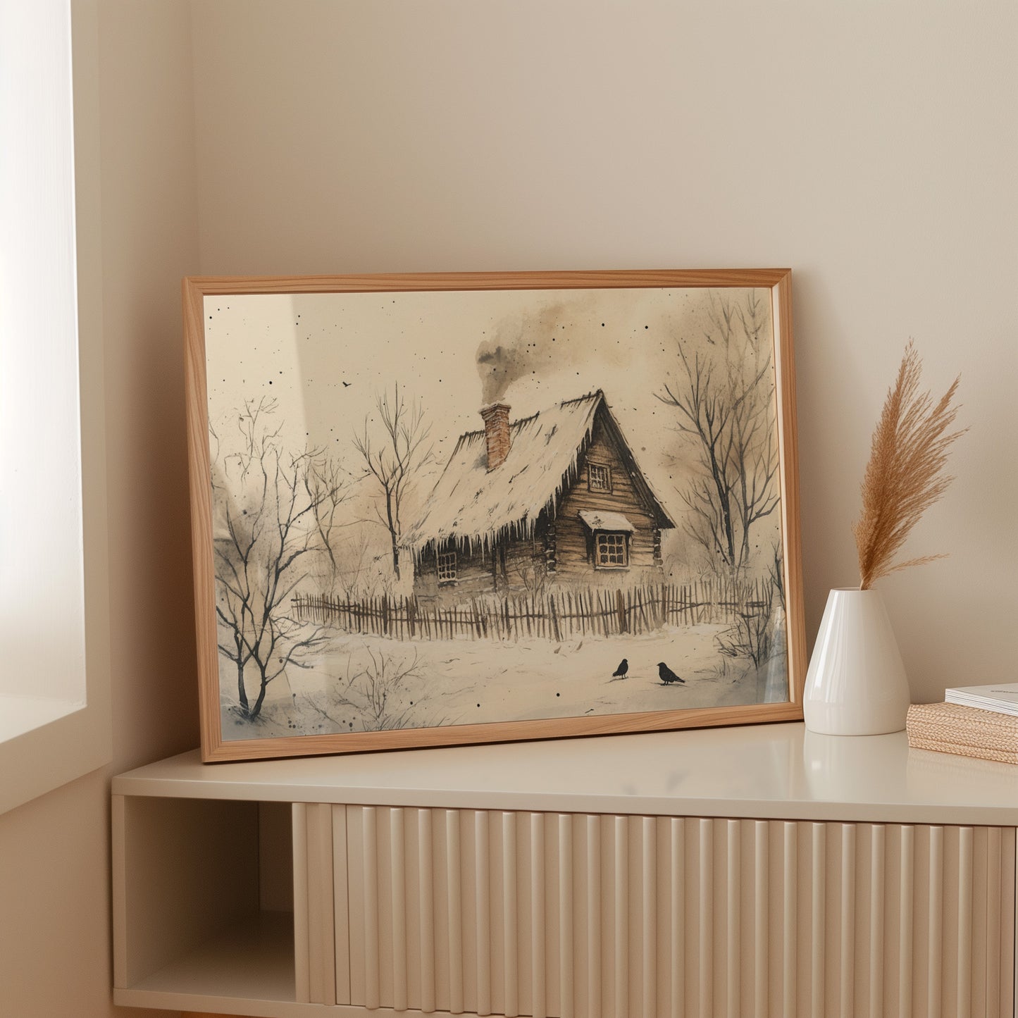 Winter Ravens Guard Frosted Cabin