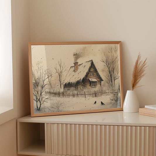 Winter Ravens Guard Frosted Cabin