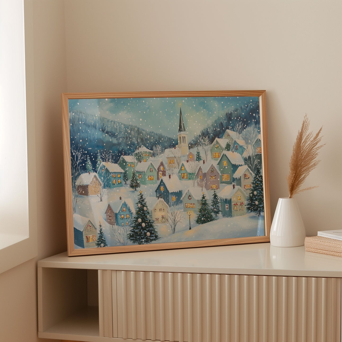 Snow Falls On Candlelit Village Windows