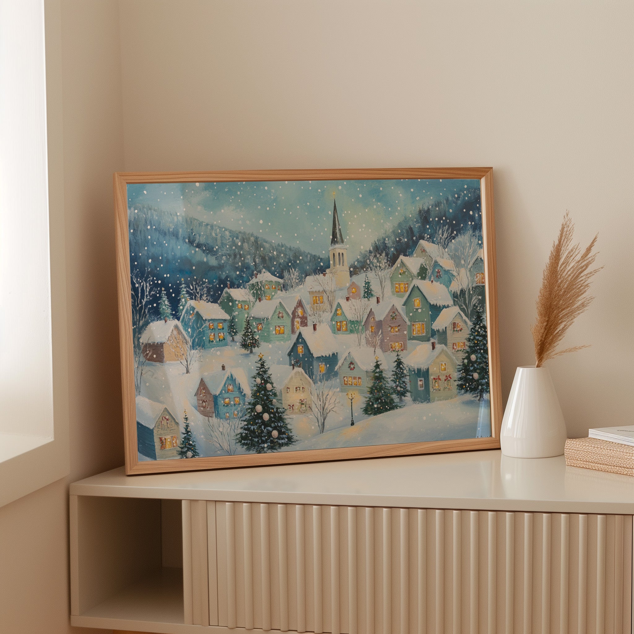 Snow Falls On Candlelit Village Windows