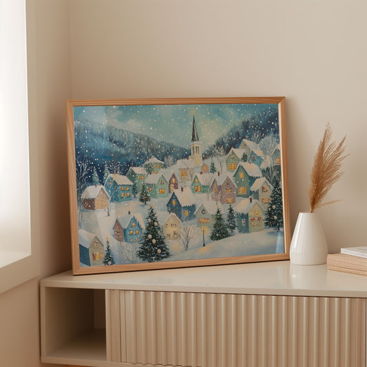 Snow Falls On Candlelit Village Windows