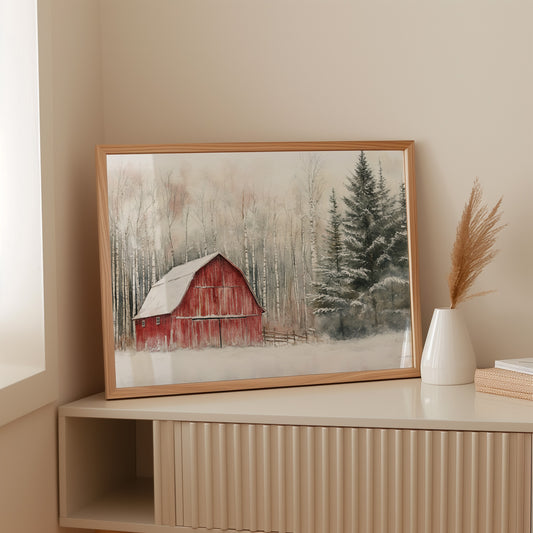Red Barn Sleeps Among Winter Birch