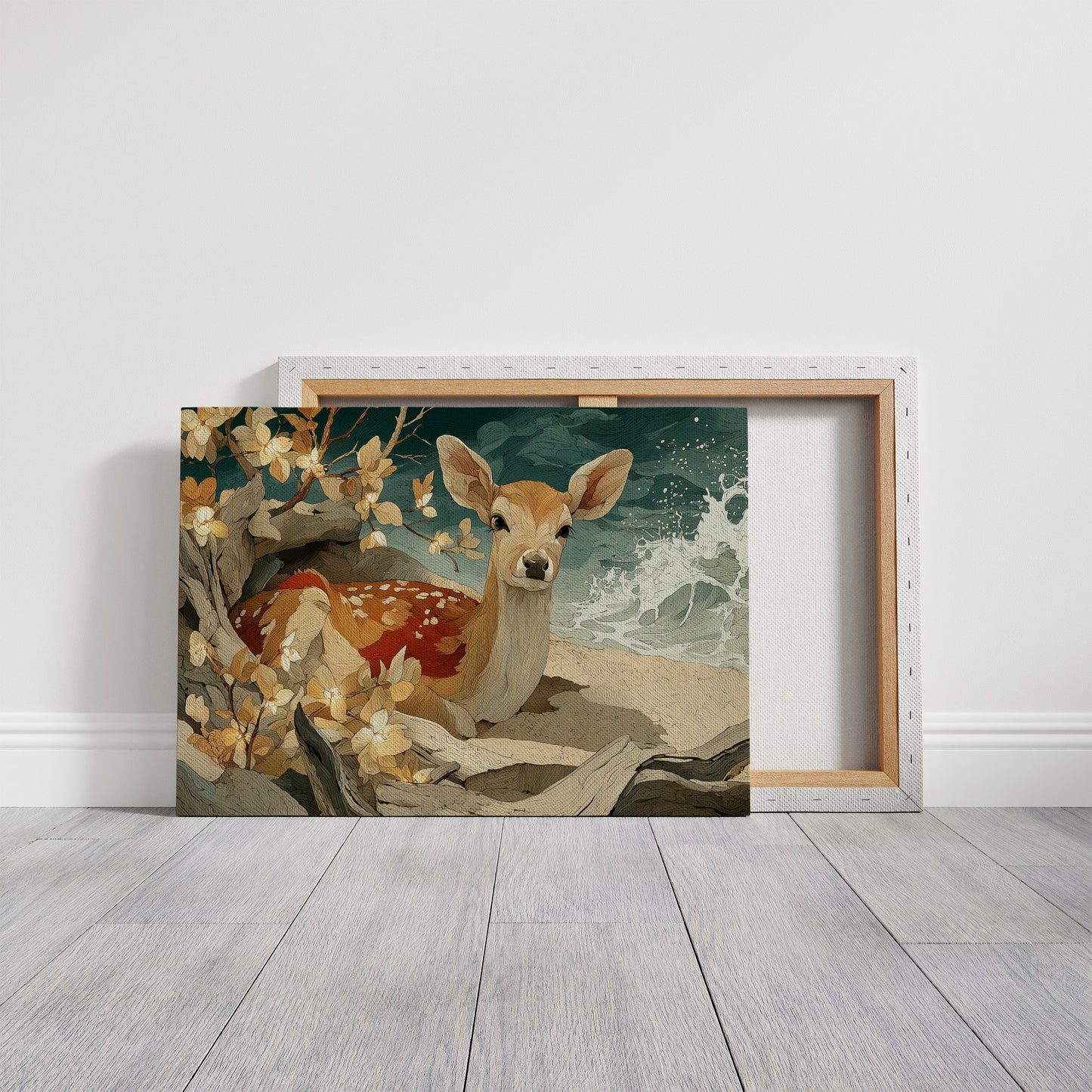 Fawn Resting by Driftwood Shore