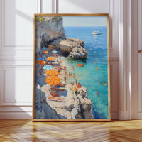 Orange Umbrellas Line Mediterranean Shores
