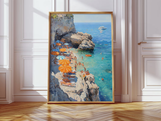 Orange Umbrellas Line Mediterranean Shores