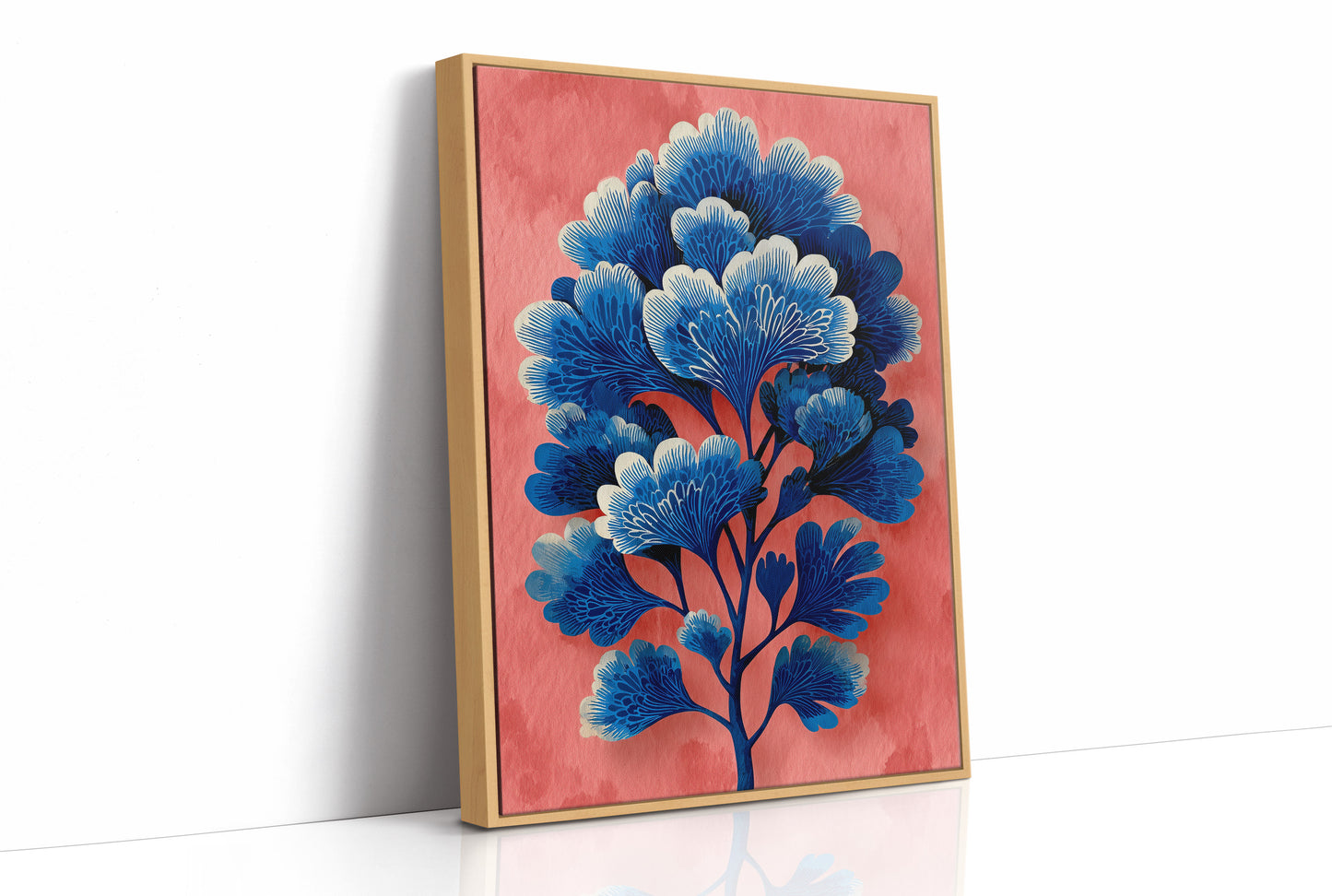Blue Blooms on a Coral Wall