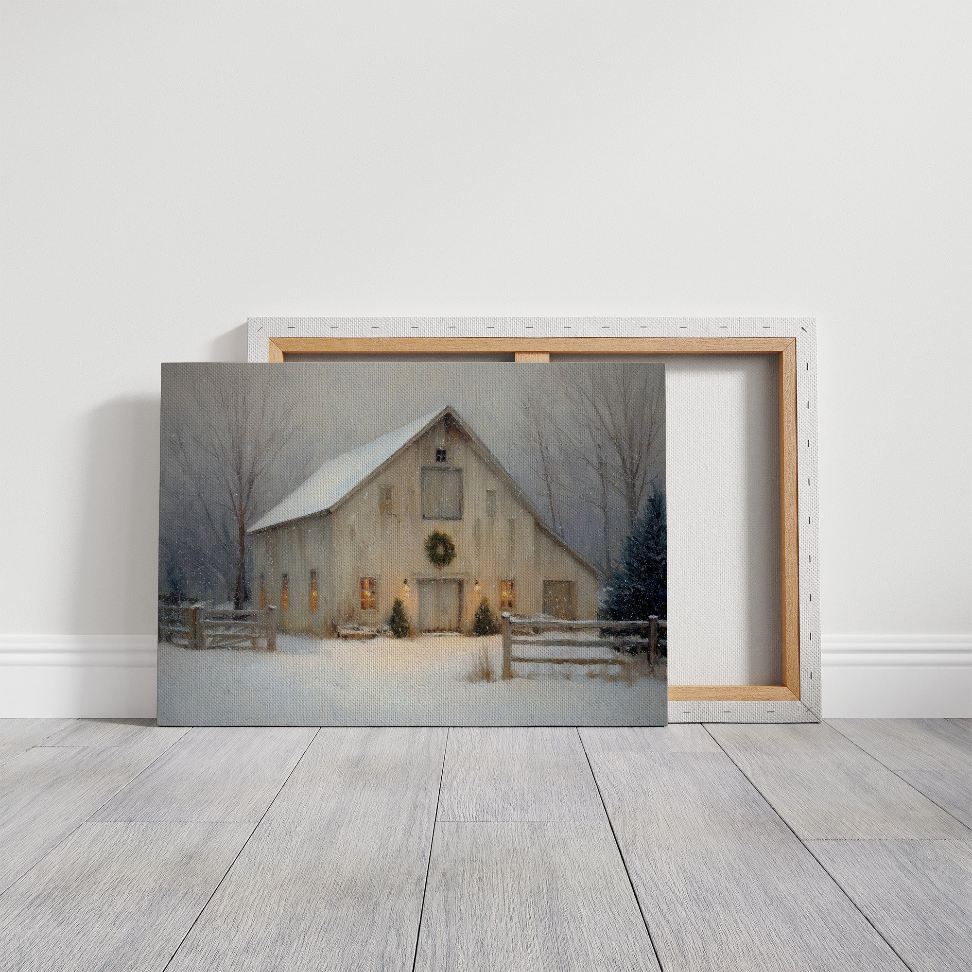 Snowfall Dreams Against Rustic Warmth
