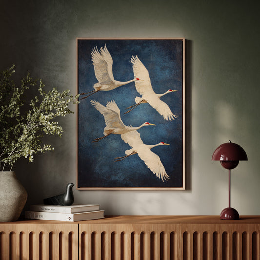 Graceful Flight – Vintage Crane Wall Art, Elegant Nature-Inspired Home Decor