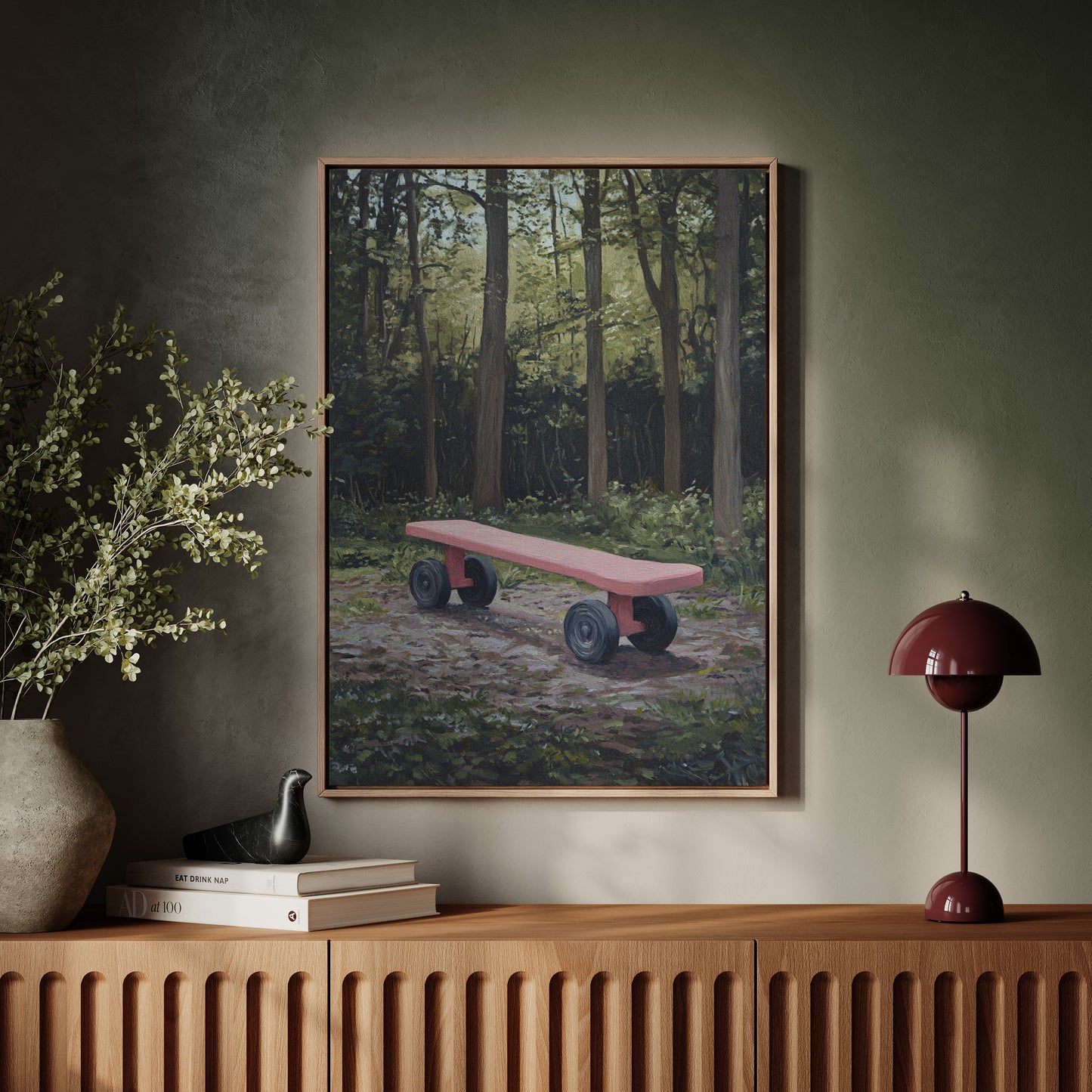 Pink Bench Waits In Forest Shade