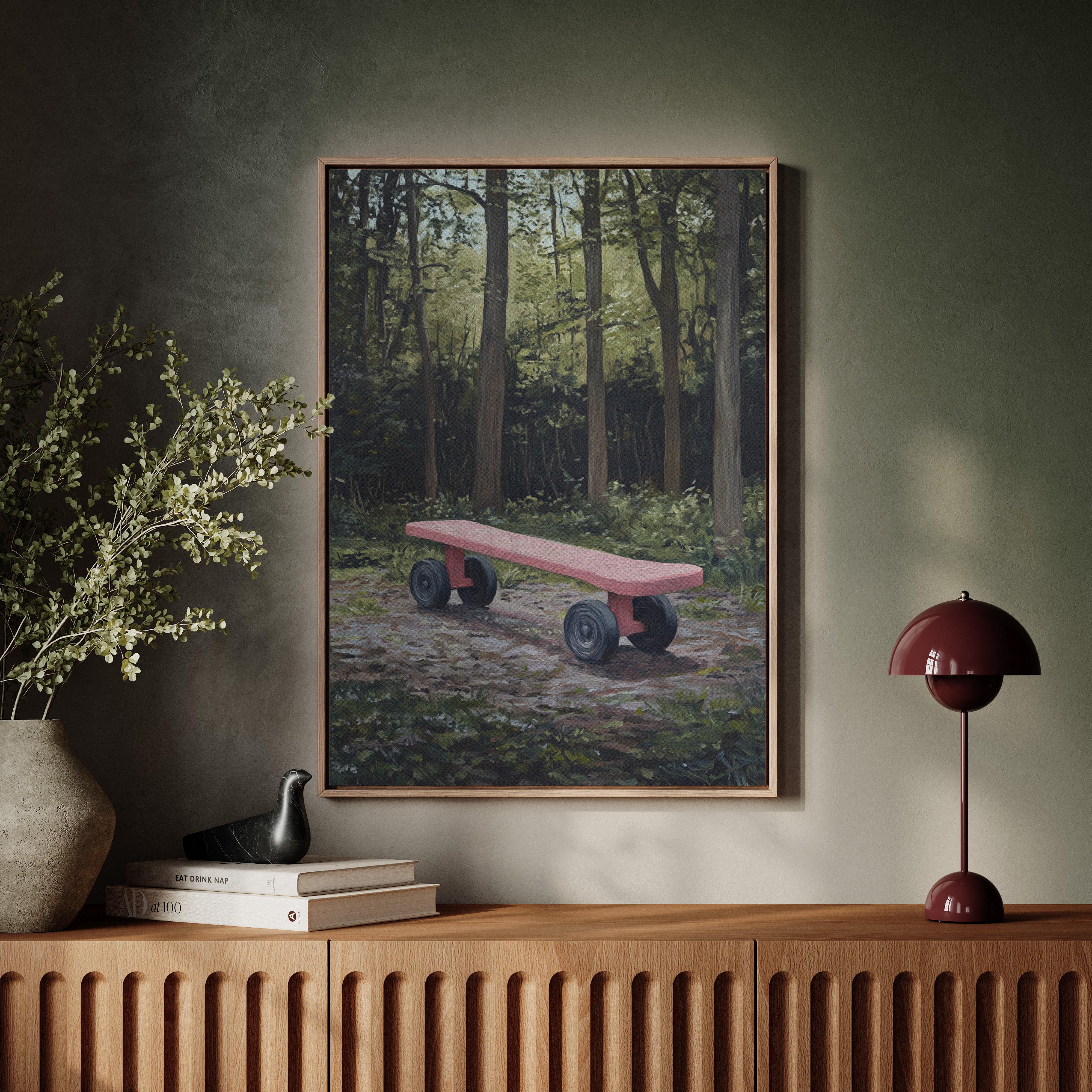 Pink Bench Waits In Forest Shade