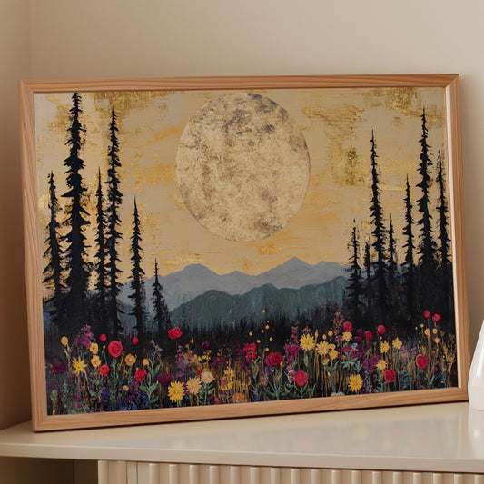 Moonlit Meadow Beneath Mountain Peaks