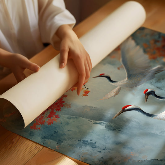 Cranes Dance Below Maple Fire