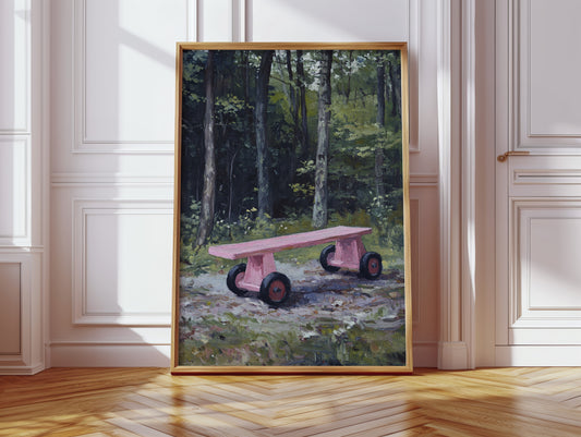 Pink Bench Rests In Forest Shade