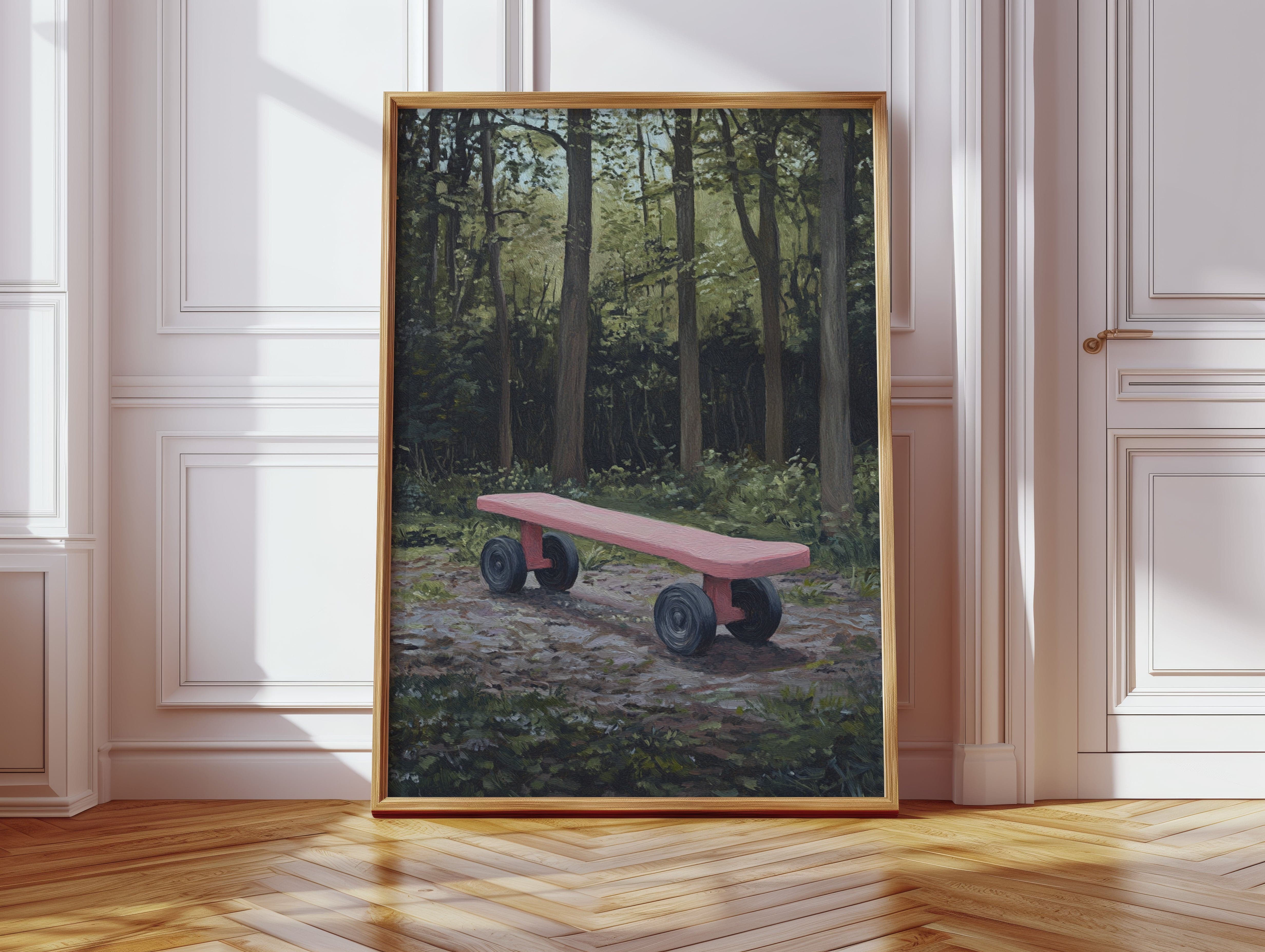 Pink Bench Waits In Forest Shade