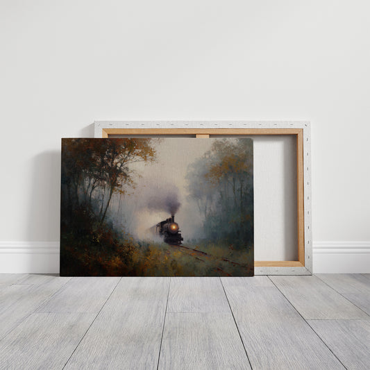 Autumn Train Through Misty Woods